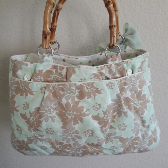 EUC Mint Green Floral Purse with Bamboo Handles - Picture 2 of 11